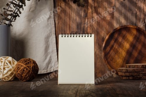 Preview: blank notebook recipe with kitchenware on wood table with sunlight