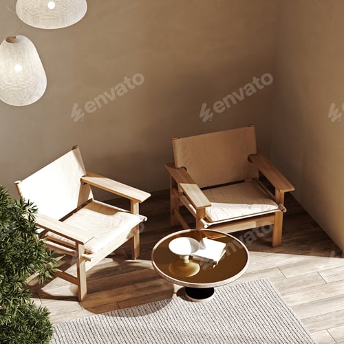 Preview: Home mockup, white room with natural wooden furniture, Scandi-Boho style, 3d render
