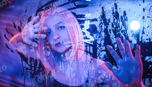 Preview: Hands are on the surface. Stylish woman with white hair is behind wet transparent plastic sheet