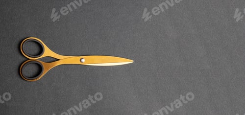 Preview: Pair of scissors gold isolated on black background, copy space