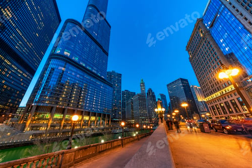 Preview: The Chicago riverwalk cityscape river side, USA downtown skyline, Architecture