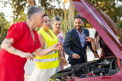 Preview: Elegant people checking oil level of broken car on roadside