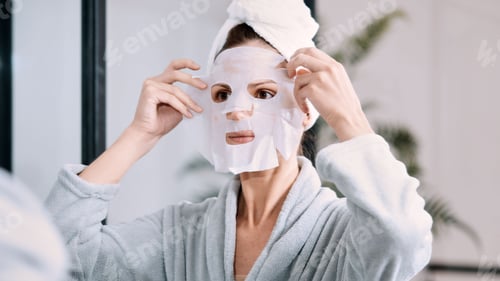 Preview: Towel wrapped hair woman putting on a facial mask
