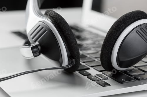 Preview: call center support concept. headset on keyboard computer laptop