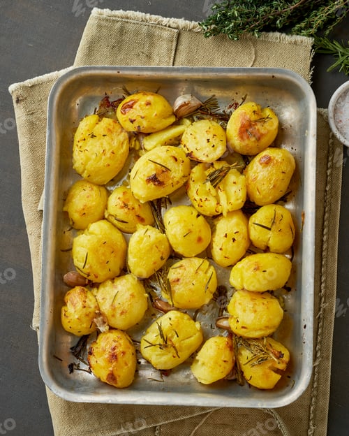 Preview: Oven baked whole crushed and crusty potato spuds with seasoning and herbs in metalic tray