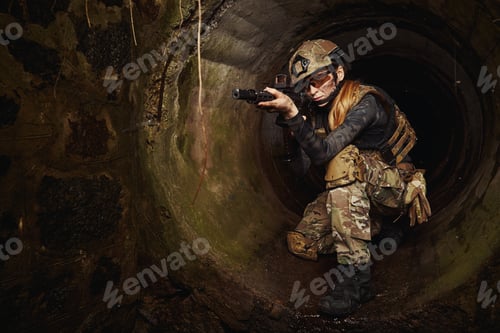 Preview: Female person walking through pipe in search of target