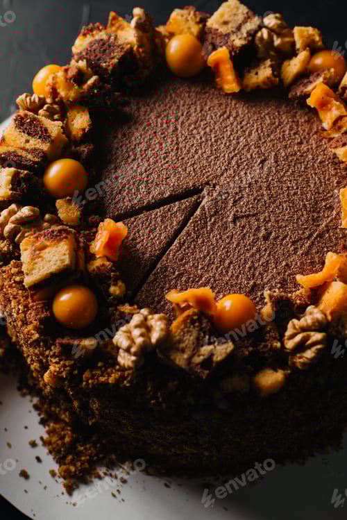 Visualização: Vista superior da xícara de suco colocada na mesa perto da faca e do bolo de chocolate cortado em um prato branco