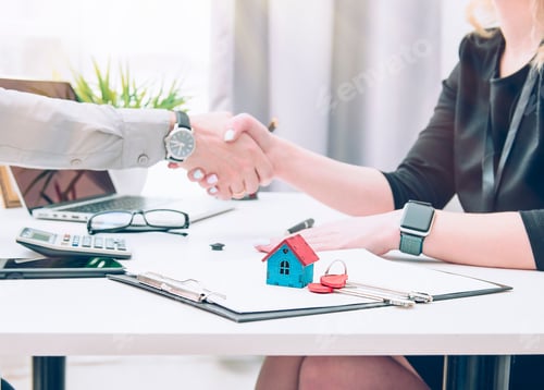 Preview: businessman in a shirt and a blue tie in the office and a businesswoman dress shake hands