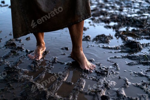 Preview: Dirty bare feet of a desperate woman wading through mud puddles