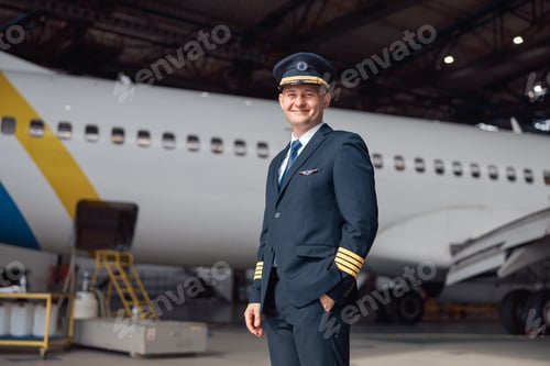 Preview: Portrait of smiling pilot in uniform looking at camera, standing in front of big passenger airplane