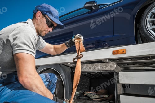 Preview: Man Securing Car on Tow Truck for Transport