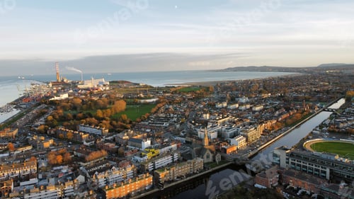 Preview: Aerial view of Dublin City with urban buildings and houses near Grand Canal