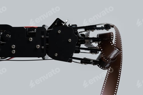 Preview: Real robotic hand with film stock. Concept of AI in motion picture and photography industry