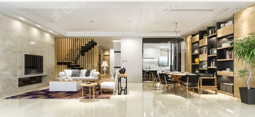 Aperçu: 3d rendering wood living room near study room with bookshelf and stair