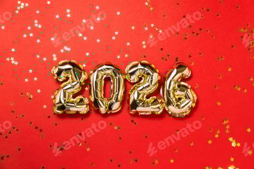 Visualização: Cartão de comemoração do ano novo de 2026. Balão dourado número 2026, decoração de festa em fundo vermelho
.