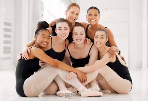 Preview: A moment, a love. Portrait of a group of ballet dancers sitting together.