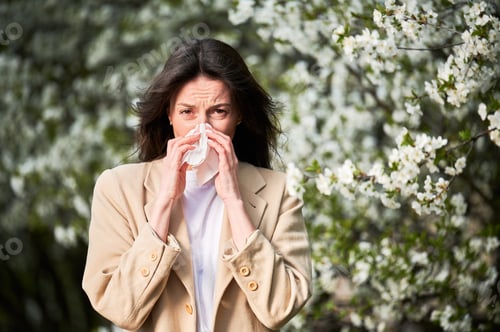 Preview: Woman allergic suffering from seasonal allergy at spring, sneezing, blowing nose with handkerchief.