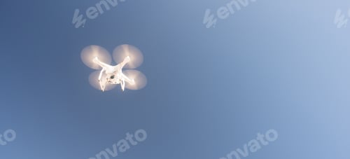 Preview: White UAV Quadcopter Drone in Flight Blue Sky