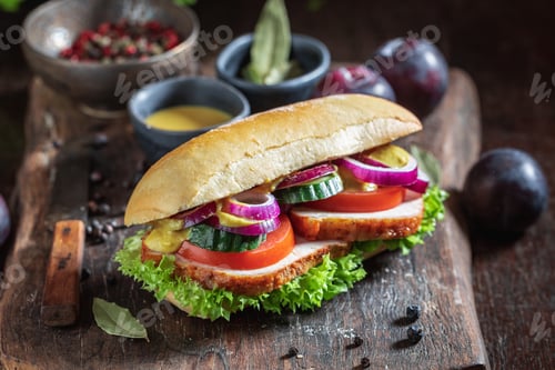 Preview: Fresh sandwich with roasted pork neck, cucumber and onion