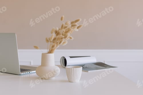 Preview: Laptop, vase with flowers, magazine on the table.