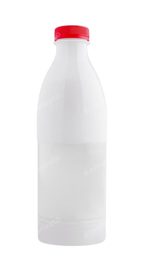 Preview: White plastic bottle with red cap standing on white background
