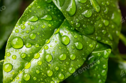 Preview: Beautiful green leaf texture with drops of water.