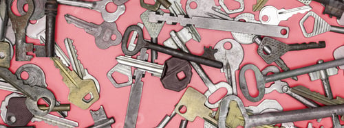 Preview: Keys set on pink background. Door lock keys and safes for proper