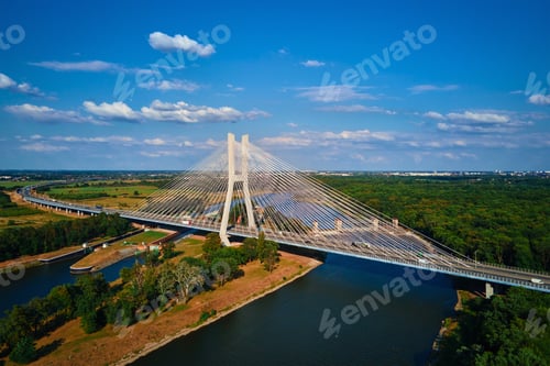 Preview: Cable stayed bridge over river surrounded by lush green forest