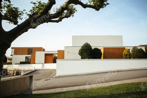 Preview: Big house with a modern architecture with white and wooden facade