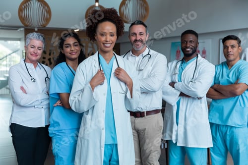 Preview: Portrait of group of diverse male and female doctors standing in hospital corridor smiling to camera