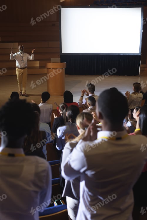 Preview: High view of matured African-American businessman standing and giving presentation in auditorium