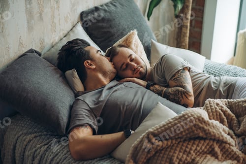 Preview: A homosexual couple on bed in studio with loft interior