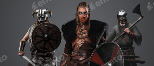 Preview: Fierce viking with fur and armor against gray background
