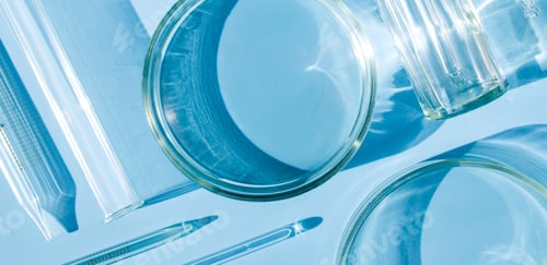 Preview: serum in petri dishes on light blue background cosmetic research concept