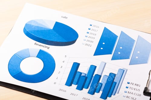 Preview: Graphs show financial data and sales trends for multiple years in blue color scheme