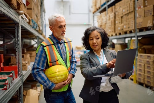 Preview: Female warehouse manager and worker using laptop in storage compartment.