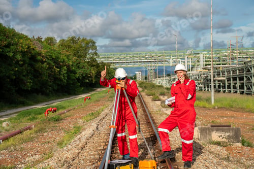 Preview: Team survey construction engineer with safety jacket use level survey camera. Engineer