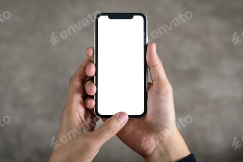 Preview: Hand using smart phone white screen on top view