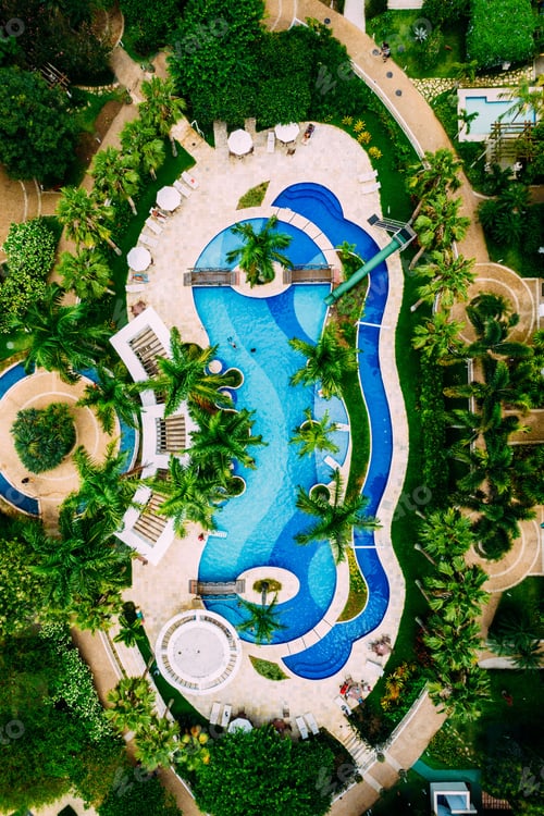 Preview: Photo of a luxurious outdoor swimming pool surrounded by lush green palm trees