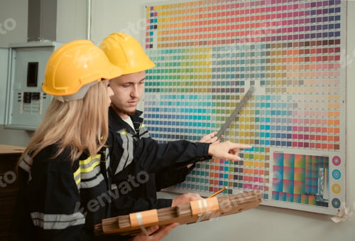 Preview: Warehouse workers in uniform and hardhats working in a paper factory