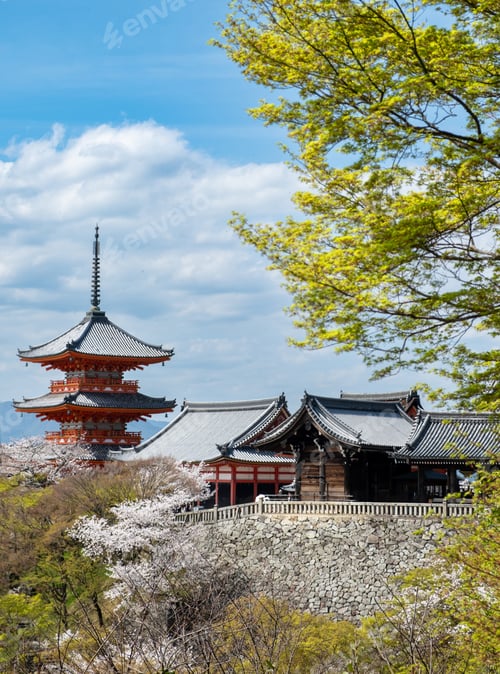 Preview: Kiyomizu deraTemple Sanjunoto pagoda the Spring season, cherry blossoms and cloudy sky, Japan Kyoto