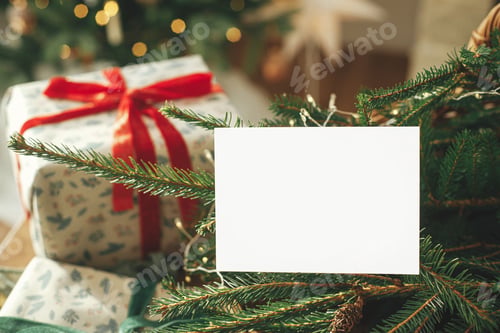 Preview: Hand holding empty greeting card on background of stylish christmas wrapped gifts, fir branches