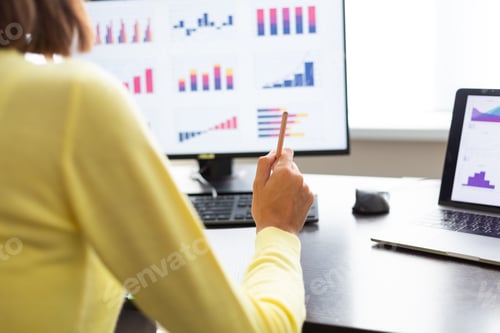 Preview: Caucasian advisor financial business analytics woman with data dashboard graphs