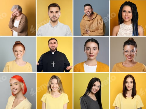 Preview: Collage with photos of attractive people on different color backgrounds