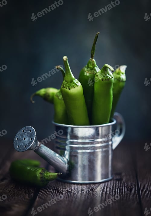 Preview: Green hot pepper in enameled watering can is shot in the moonlight style
