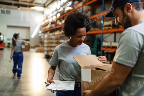 Preview: African American warehouse worker and her colleague checking package in a storage room.