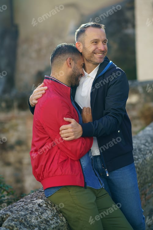 Preview: Affectionate Men Embracing Tenderly Outdoors on a Sunny Day