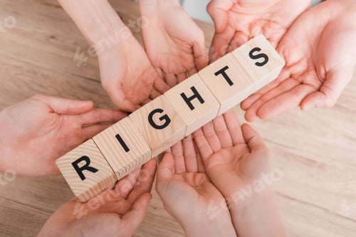 Preview: top view of group holding wooden cubes with rights lettering