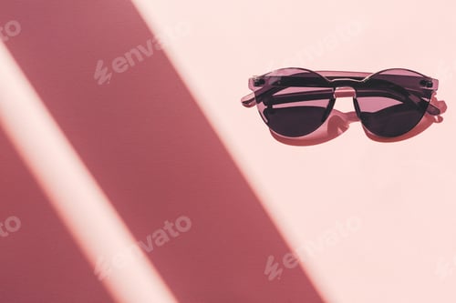 Preview: Stylish black sunglasses on trendy pink paper background in sun light