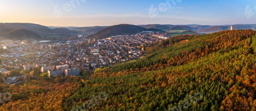 Preview: Aerial shot of a cityscape near beautiful green hills with trees under the cloudy sky
